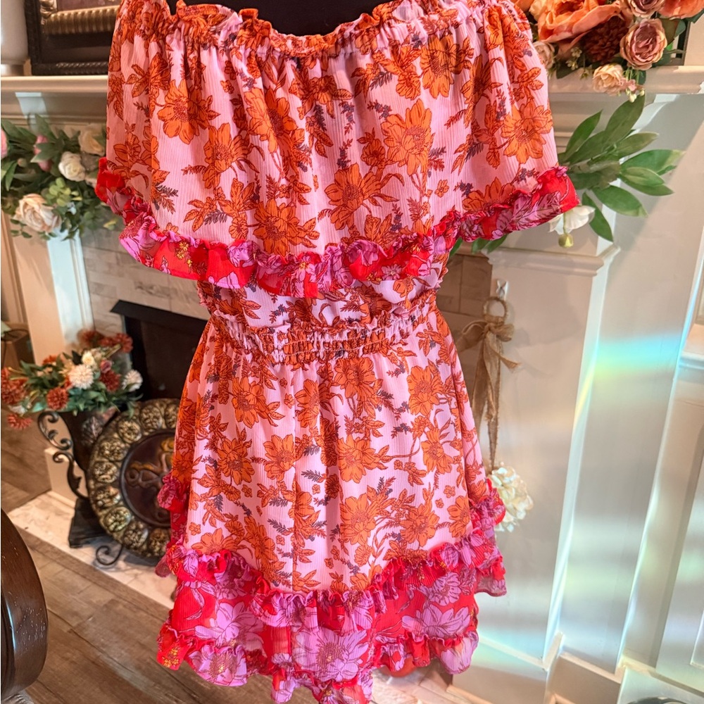 Jessica Simpson Pink and Orange Floral Off-Shoulder Mini Dress